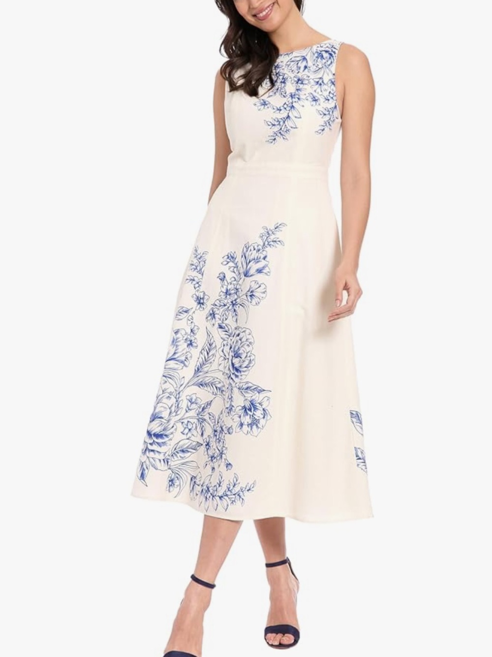 London Times white linen blend sleeveless Midi Dress w Blue Floral Motif US 8